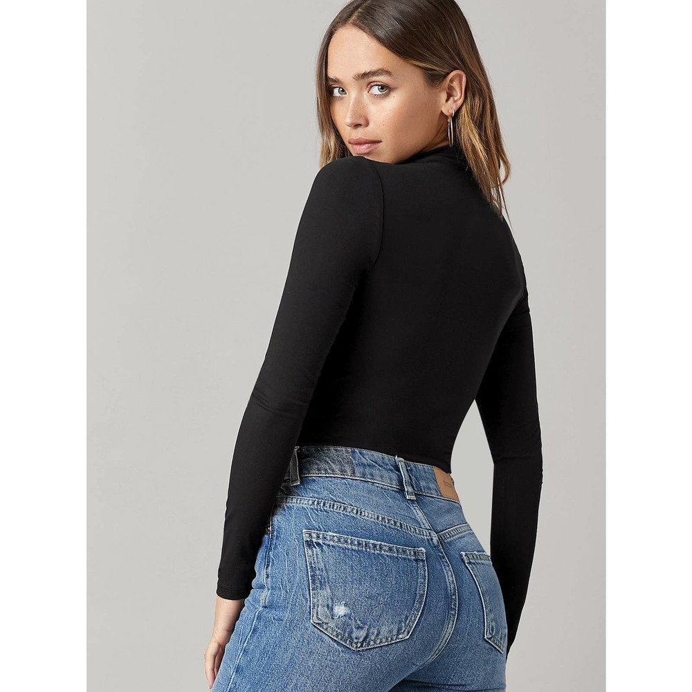 Long sleeve Mock Neck Solid Crop Tee shirt black - Picture 2 of 11